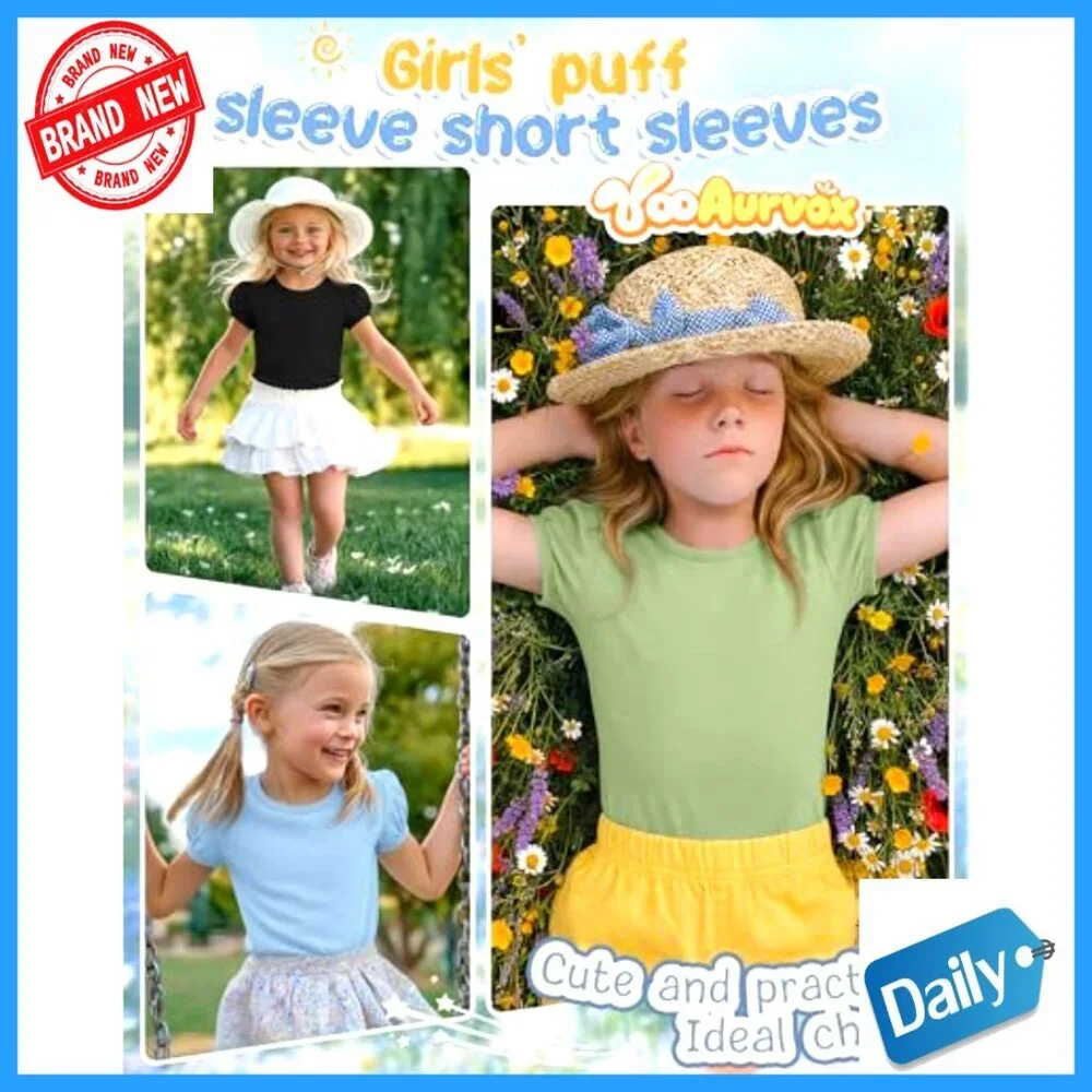 Girls' 3-Pack Puff Sleeve Tees Crew Neck Fitted Tops 5-14 Years